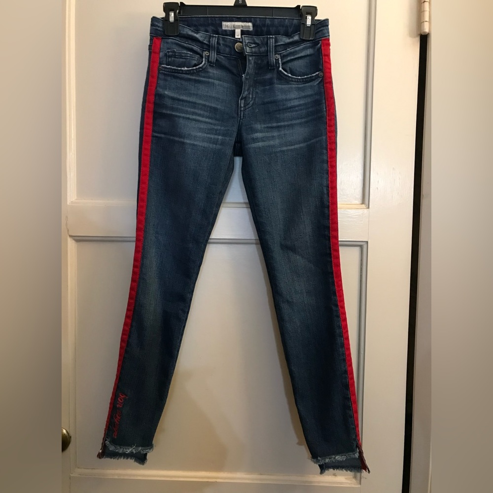 Joie Jeans Bon Voyage Skinny Jeans in Vintage Dusk with Step Hem and Red Stripe